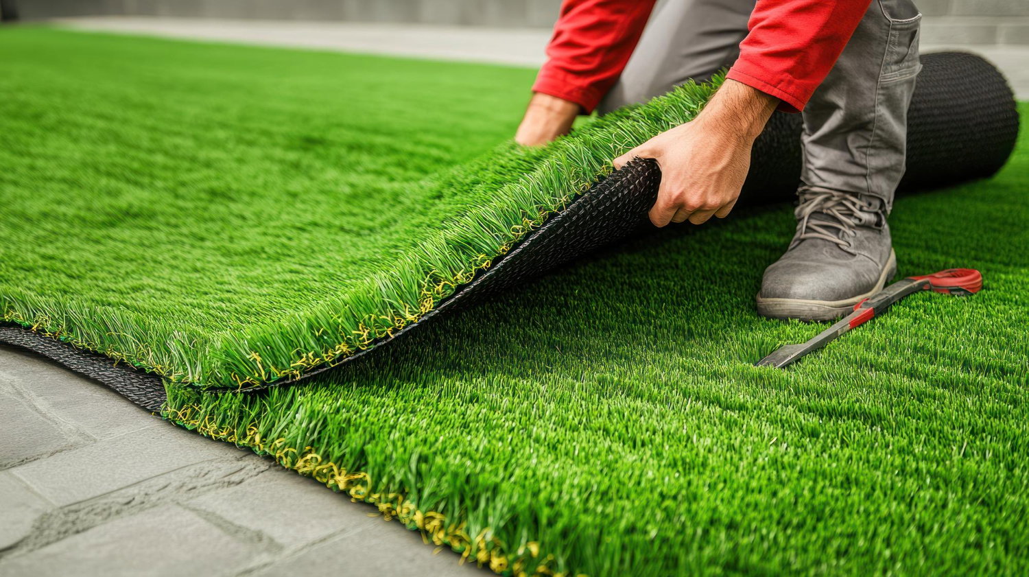Professional landscaper installing natural grass turfgrass in Richmond California residential yard